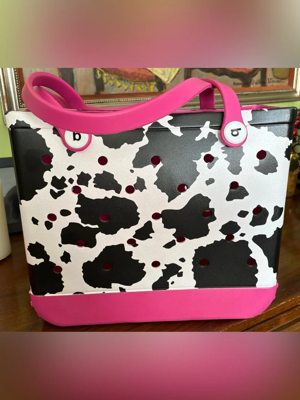 Pink and Black Cowhide Print “B” Tote Bag-Size Medium